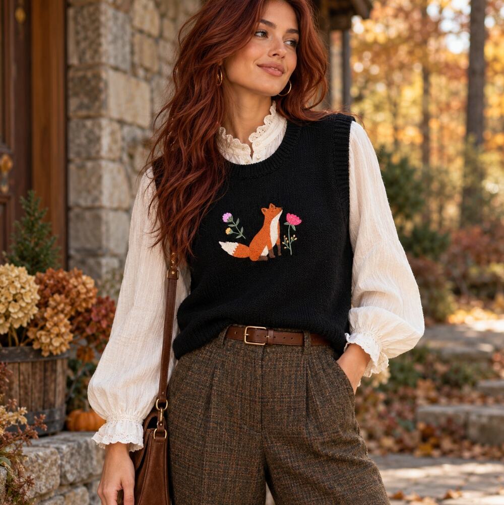 MODCLOTH x PRINCESS HIGHWAY Embroidered Fox Sweater Vest Sz 18 {H24}